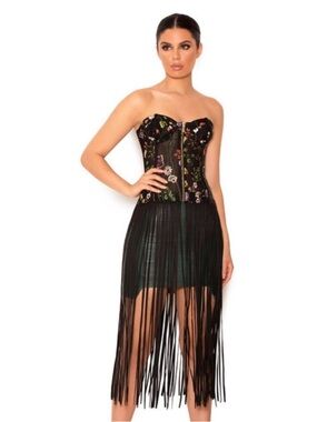 House of CB Carel Black Strapless Floral Corset/Bustier with Fringe
